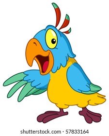 Cartoon parrot presenting with his wing