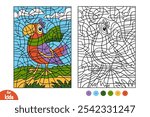 Cartoon parrot in a scarf. Color by number, education game for children