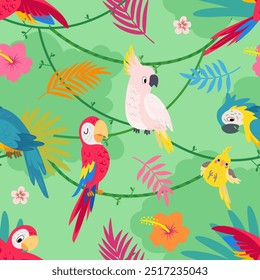 Cartoon parrot seamless pattern. Brazil birds, exotic parrots characters and plants. Cute vibrant decorative fabric cloth print design, nowaday vector background