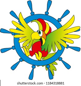 cartoon parrot sitting on steering wheel