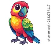A cartoon parrot stands with its head turned to the side, showcasing its rainbow-colored feathers and large, expressive eyes.