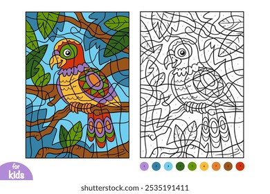 Loro de dibujos animados en el bosque tropical. Color por número, juego de educación para niños