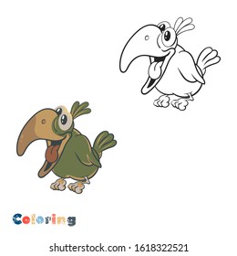 Cartoon parrot. Vector coloring book with color example.