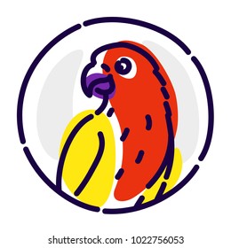 A cartoon parrot. Vector flat icon. Image is isolated on white background. A bird parrot in a circle. Symbol, emblem, brand, logo for the company.
Mascot corporation or the zoo.