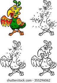 Cartoon parrot. Vector illustration. Coloring and dot to dot educational game for kids
