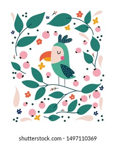 Cartoon parrot vector illustration, tropical leaves. Childish print for T-shirt, cloth, baby wear, kid’s room decoration.