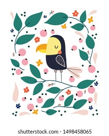 Cartoon parrot vector illustration, tropical leaves. Childish print for T-shirt, cloth, baby wear, kid’s room decoration.