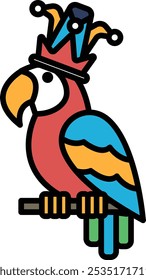 A cartoon parrot wearing a crown. The parrot is perched on a branch. The image has a playful and whimsical mood