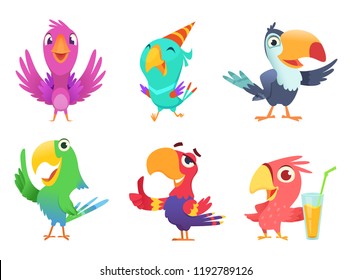 Cartoon parrots characters. Cute feathered birds with colored wings funny exotic parrot various action poses vector pictures isolated. Parrot animal exotic, bird tropical cartoon illustration