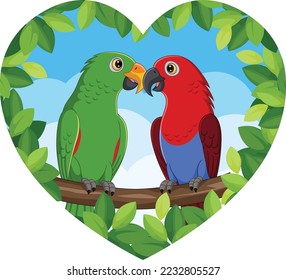 Cartoon Parrots Lovely Couple on Tree Branch