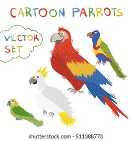 Cartoon parrots set. Birds collection. Vector isolated on white background.