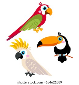 Los loros de caricatura se colocan y loran aves animales silvestres aisladas sobre fondo blanco. Ilustración del vector