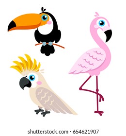 Los loros de caricatura se colocan y loran aves animales silvestres aisladas sobre fondo blanco. Ilustración del vector