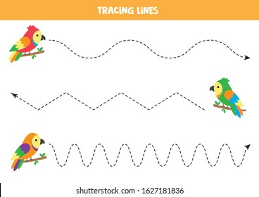 Cartoon parrots tracing lines. Handwriting practice with birds.