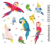 Cartoon parrots. Tropical parrot, exotic birds vibrant funny characters. Flying and sitting animals, cockatoo on branch. Cute childish mascots nowaday vector set