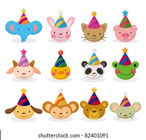 cartoon party animal head icon set