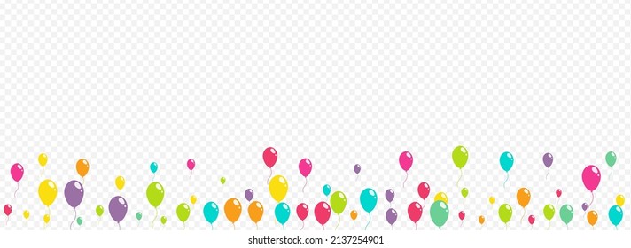 Cartoon Party Baloon Vector Panoramic Transparent Background. Flying Balloon Banner. Bright Joy Design. Color Birthday Ballon Illustration.