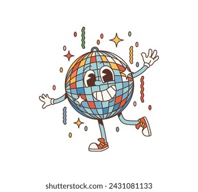 cartoon party discoball groovy character. Disco mirror ball. Isolated vector vibrant personage with sparkling, multi-colored facets, cheerful eyes and wide inviting smile, radiating dance-floor energy