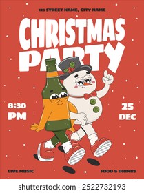 Cartaz de convite para festas de desenhos animados com personagens groovy. Árvore de Natal e boneco de neve. Design de modelo de panfleto.