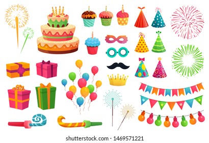 Cartoon party kit. Rocket fireworks, colorful balloons and birthday gifts. Carnival masks and sweet cupcakes, fireworks, balloons and cupcakes. Isolated vector illustration icons set