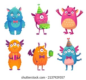 Cartoon party monsters celebrating happy event. Cute fluffy characters with friendly smiles holding birthday cake with candles and gift boxes. Funny colorful creatures with presents set