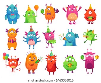 Cartoon party monsters. Cute monster happy birthday gifts, funny alien mascot and monster with greeting cake. bigfoot, troll and silly alien toys. Isolated vector illustration icons set