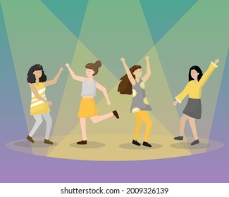 Cartoon Party People. Group Of Young Girls Dancing On Stage Women Enjoying Dance Party. Night Backyard Party Four Happy Characters Dancing. Celebration Cartoon Vector Illustration In Flat Style 