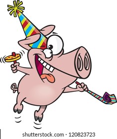 cartoon partying pig with a party hat and noise makers