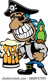 Cartoon Partying Pirate Drinking Beer with Parrot and Peg Leg Isolated Vector Illustration