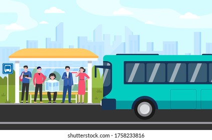 Cartoon passengers standing at bus stop flat vector illustration. Women and men waiting for public transport. Transportation, driving and conveyance concept