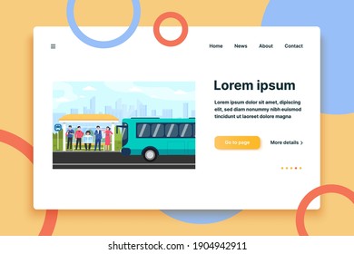 Cartoon passengers standing at bus stop flat vector illustration. Women and men waiting for public transport. Transportation, driving and conveyance concept