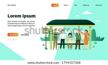 Cartoon passengers standing at bus stop flat vector illustration. Women and men waiting for public transport. Transportation, driving and conveyance concept