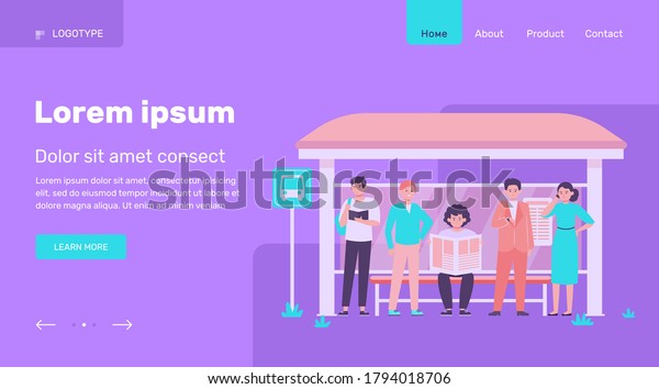 Cartoon passengers standing at bus\
stop flat vector illustration. Women and men waiting for public\
transport. Transportation, driving and conveyance\
concept