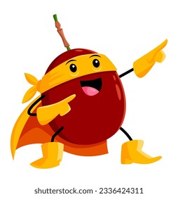Cartoon passion fruit super hero and defender character. Isolated vector tropical fruit superhero personage wear costume bursting with flavor and color, ready to fight against evil and save the day