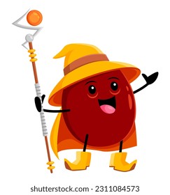 Cartoon passion fruit tropical wizard or magician character. Vector necromancer wear enchanter hat casting spell with magic staff. Funny healthy food wiz, conjurer, sorcerer or fascinator personage