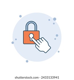  Cartoon password icon vector illustration. Padlock with finger on bubbles background. Login sign concept.