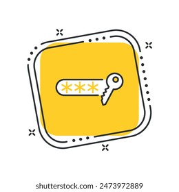 Cartoon password key icon vector illustration. Key word on isolated yellow square background. Login sign concept.