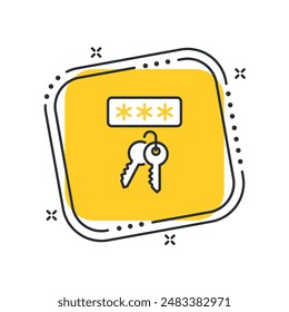 Cartoon password key icon vector illustration. Key word on isolated yellow square background. Login sign concept.