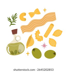Cartaz abstrato de massas de desenhos animados em estilo retrô. Desenhado à mão vetor impressão design. Diferentes formas de massa italiana, penne, rigatoni, espaguete, azeitonas e azeite em uma garrafa de vidro