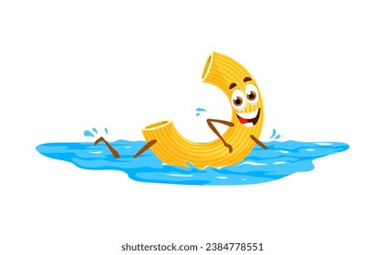 Cartoon Pasta Charakter Schwimmen in blauem Wasser, Vektorsommerurlaub. Cute schwimmer gobetti Teigwaren Vektor Persönlichkeit der traditionellen italienischen Küche. Frohe Makkaroni schwimmen im Meer und Ozeanwellen