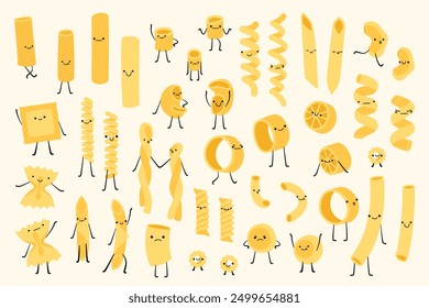 Personajes de pasta de dibujos animados. Mascotas de comida italiana divertida linda con caras felices, diferentes tipos de macarrones y espaguetis, fideos, penne, fusilli y rigatoni, ravioles divertidos. Conjunto aislado de Vector.