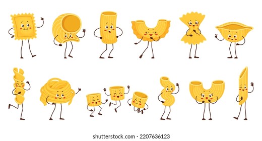 Cartoon pasta characters, happy italian macaroni food vector personages. Cute noodle, penne, fusilli and rigatoni, funny ravioli, fettuccine and farfalle, conchiglie and ditalini pasta characters