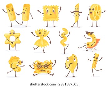 Personajes de caricatura de pasta. Mascota feliz de espagueti, tierno personaje italiano de trigo macarroni de doodle, divertida nutrición de fideos fettuccine expresión fusilli, clara ilustración de vector