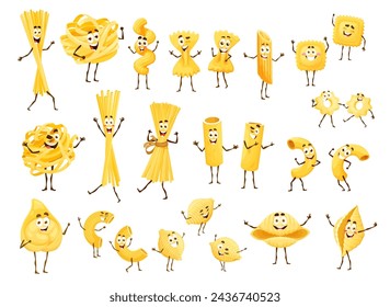 Cartoon pasta characters, Italian cuisine macaroni with funny cute smiling faces, vector happy food. Italian pasta cartoon characters of spaghetti, penne and fusilli with farfalle and ravioli for kids