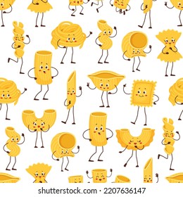 Cartoon pasta characters seamless pattern with happy italian macaroni food. Vector background with cute personages of penne, fusilli, noodle and farfalle, ravioli, rigatoni and conchiglie pasta