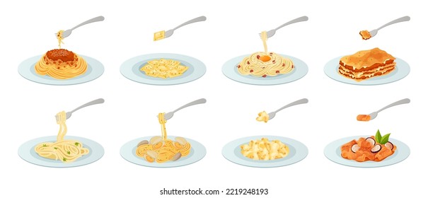 Cartoon pasta dishes. Carbonara with egg, bolognese and lasagna on fork. Homemade Italian macaroni meal with sauce, food vector illustration set of cartoon carbonara pasta