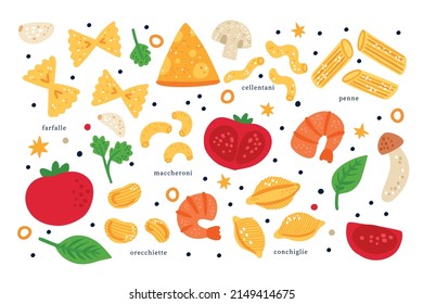 Cartoon pasta food. Italian cuisine products. Different macaroni types. Tagliatelle and spaghetti. Traditional food with cheese or tomato. Penne and farfalle. Vector meal