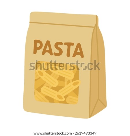 Cartoon pasta packaging with penne pasta inside, isolated, flat vector food style illustration.