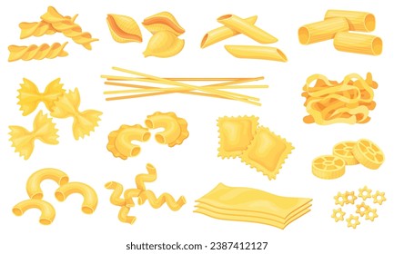 Cartoon pasta types. Dry macaroni various shape type, spaghetti fusilli shell penne farfalle rigatoni noodle lasagna, gourmet italian cuisine ingredients neat vector illustration of macaroni italian