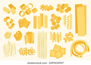 Tipos de pasta de dibujos animados. Mano dibujado doodle macarrones y spaghetti ingredientes para cocinar, cocina italiana Elementos de comida gourmet. Pasta italiana clásica para menú de restaurante Vector conjunto aislado.